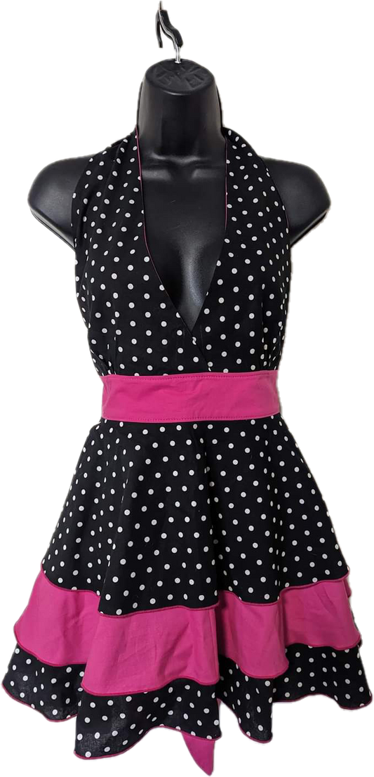 Flirty Apron - Black and White Polka Dots with Pink Waist Tie